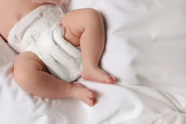 Little Baby Diaper Lying Soft Bed Top View Space Text — Stock Photo, Image
