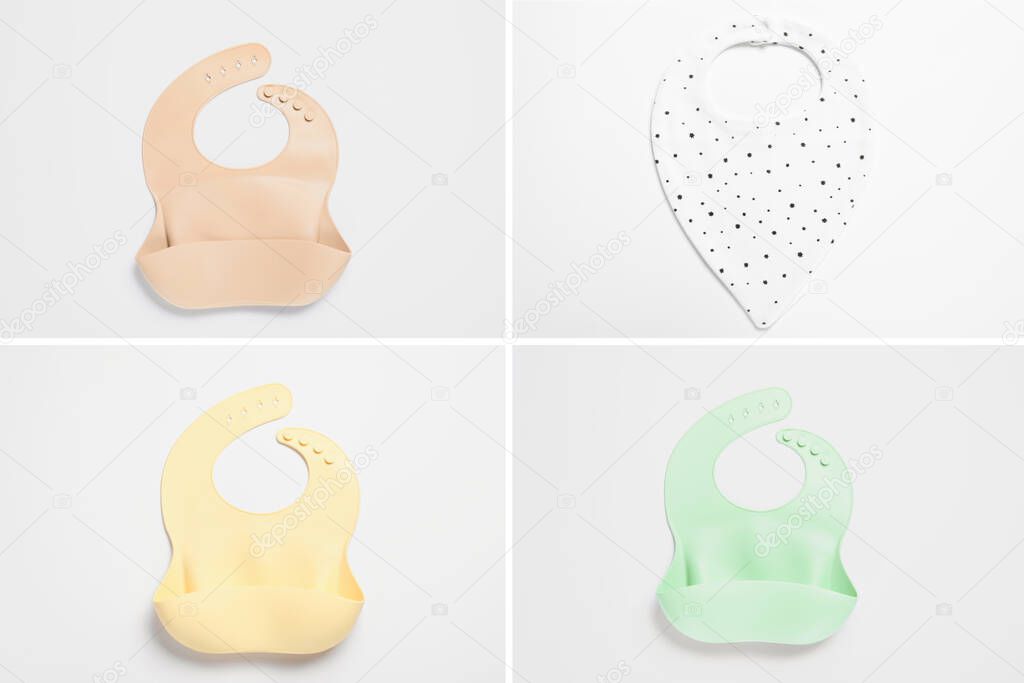 Different baby bibs on light background, top view. Collage