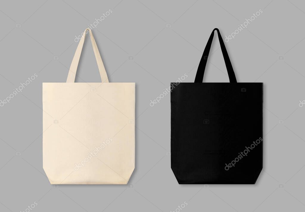 Textile eco bags on light grey background, collage. Mock up for design