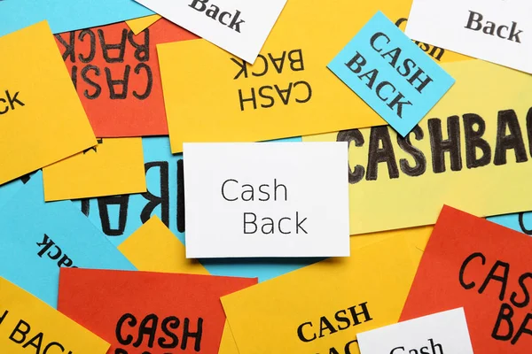 Nombreuses Cartes Papier Différentes Avec Mot Cashback Vue Dessus — Photo