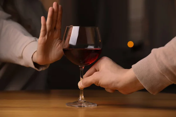 Woman Refusing Drink Red Wine Indoors Closeup Alcohol Addiction Treatment — Stock Photo, Image