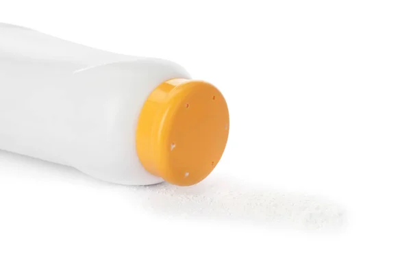 Botella Polvo Para Espolvorear Sobre Fondo Blanco Bebé Producto Cosmético — Foto de Stock