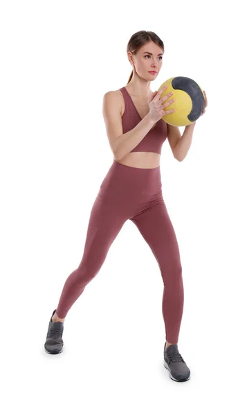Mujer Atlética Haciendo Ejercicio Con Balón Medicina Aislado Blanco —  Fotos de Stock