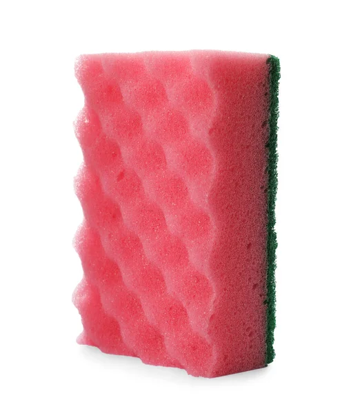 Roze Reinigingsspons Met Schurende Groene Geurstof Geïsoleerd Wit — Stockfoto