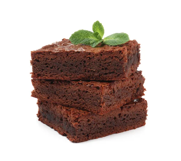 Delicious Chocolate Brownies Fresh Mint Leaves White Background — Stock Photo, Image