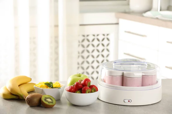 Yogurt Maker Jars Different Fruits Light Grey Table Kitchen — Stock Photo, Image
