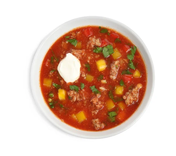 Bowl Delicious Stuffed Pepper Soup White Background Top View — Stock Photo, Image