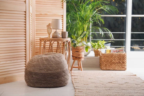 Stilvoller Gestrickter Hocker Korbmöbel Und Schöne Zimmerpflanzen Zimmer Innenarchitektur — Stockfoto