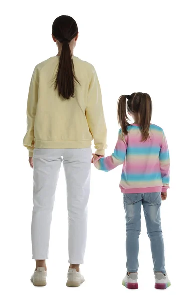 Menina Com Sua Mãe Fundo Branco Visão Traseira — Fotografia de Stock