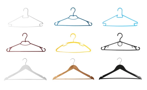 Set Met Verschillende Lege Hangers Witte Achtergrond — Stockfoto