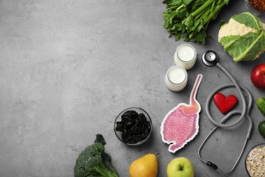 Gri masadaki sindirime yardımcı olması için steteskop ve ürünlerle gastrointestinal sistem modeli. Metin için boşluk