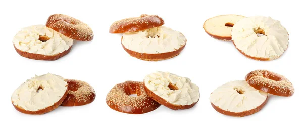 Set Delicious Bagels Cream Cheese White Background Banner Design — Stock Photo, Image