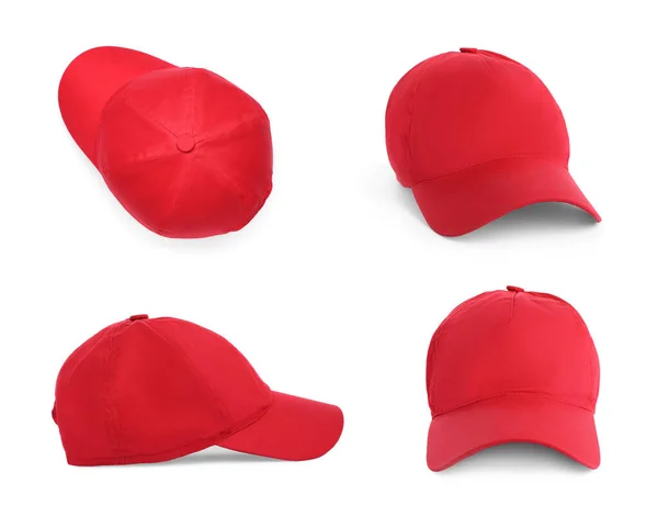 Set Red Beige Baseball Caps White Background — Stock Photo, Image