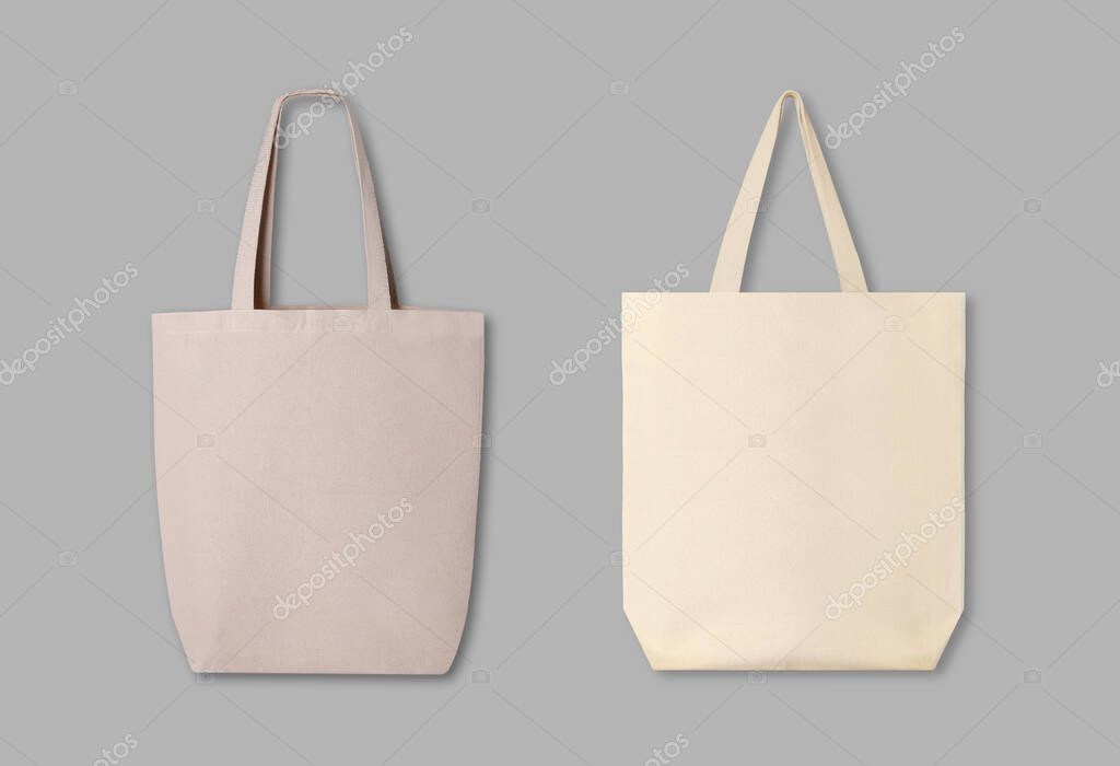 Textile eco bags on light grey background, collage. Mock up for design