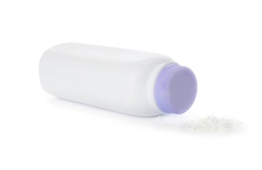 Beyaz arka planda şişe ve toz alma tozu. Bebek kozmetik ürünü