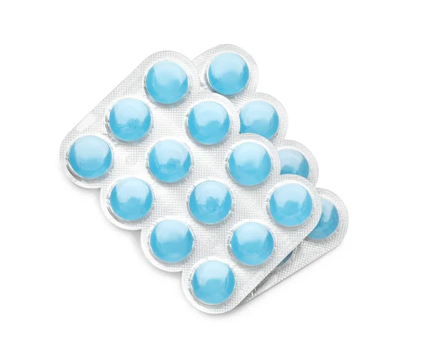 Blisters Blue Cough Drops White Background Top View — Stock Photo, Image