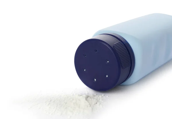 Fles Verstrooid Stofpoeder Witte Achtergrond Baby Cosmetisch Product — Stockfoto