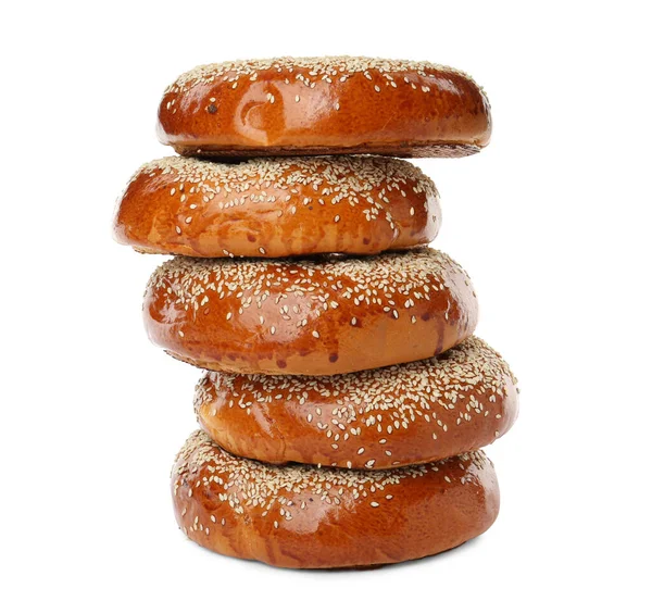 Många Läckra Färska Bagels Vit Bakgrund — Stockfoto