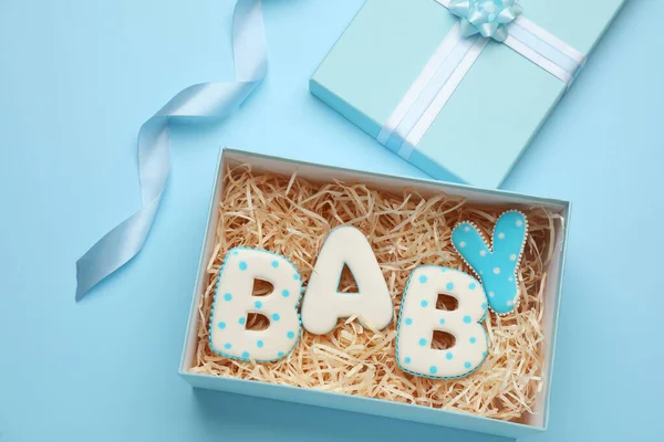 Baby Douche Koekjes Geschenkdoos Turquoise Achtergrond Plat Lay — Stockfoto