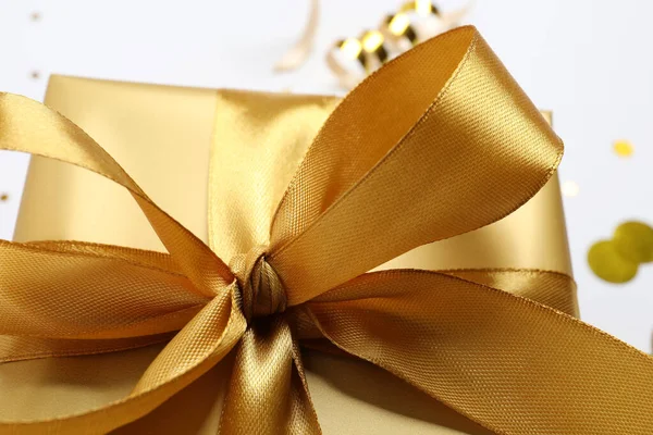 Beautiful Golden Gift Box Bow White Background Closeup — Stock Photo, Image