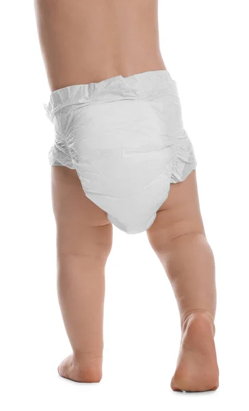 Cute Baby Dry Soft Diaper Standing Isolated White Closeup — Stock Photo, Image