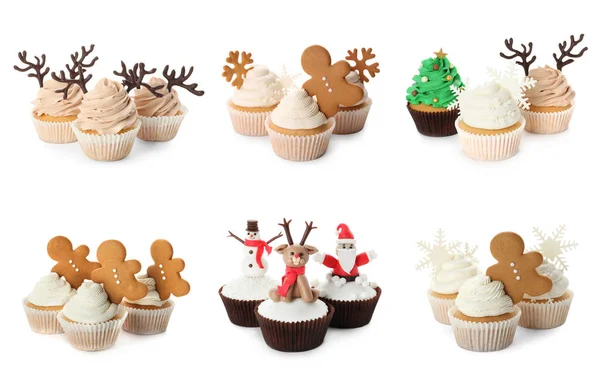 Chutné Cupcakes Vánoční Výzdobou Bílém Pozadí Koláž — Stock fotografie