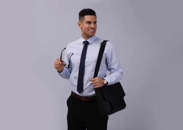 Businessman Stylish Leather Briefcase Light Grey Background — Stock Photo, Image