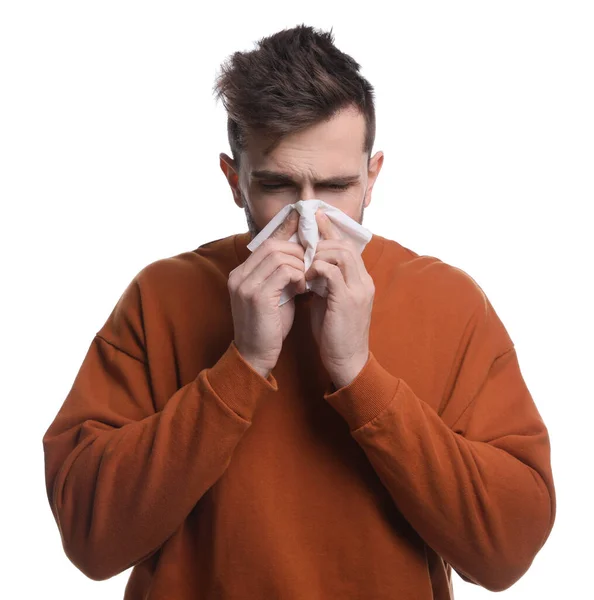 Homem Doente Espirrar Fundo Branco Sintomas Frios — Fotografia de Stock