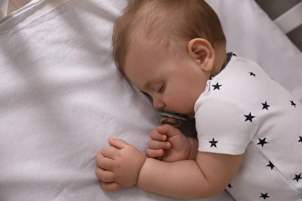 Adorable Little Baby Pacifier Sleeping Crib View — Stock Photo, Image