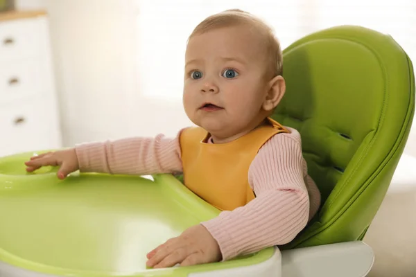 Cute Little Baby Wearing Bib Highchair Indoors — Stock Photo, Image