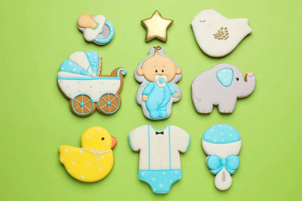 Set Baby Shower Cookies Light Green Background Flat Lay — Stock Photo, Image