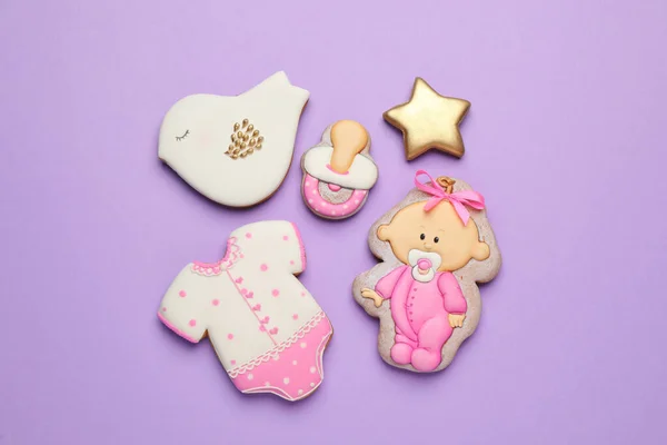 Set Baby Shower Cookie Orgona Háttér Lapos Laikus — Stock Fotó