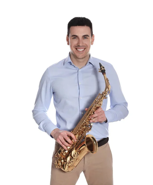 Young Man Saxophone White Background — Stock Photo, Image