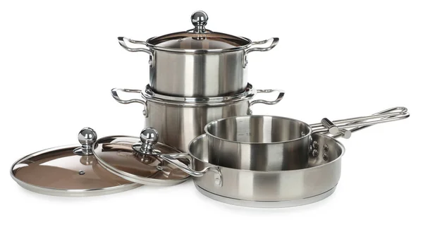 Set Stainless Steel Cookware White Background — Stock Photo, Image