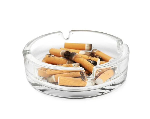 Γυάλινο Τασάκι Αποκόμματα Τσιγάρων Απομονωμένο Λευκό — Φωτογραφία Αρχείου