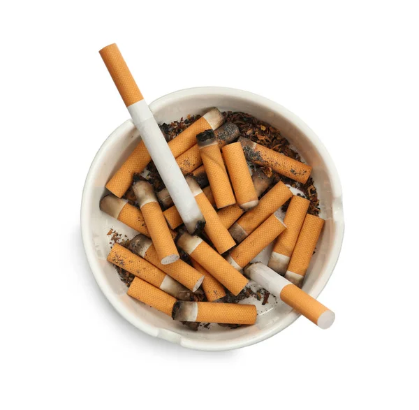 Κεραμικό Τασάκι Γεμάτο Αποκόμματα Τσιγάρων Που Απομονώνονται Λευκή Κορυφαία Άποψη — Φωτογραφία Αρχείου
