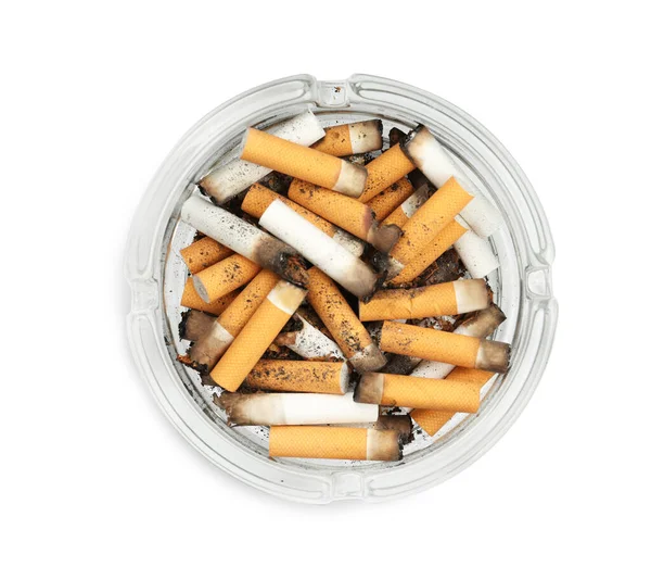 Γυάλινο Τασάκι Γεμάτο Αποκόμματα Τσιγάρων Που Απομονώνονται Λευκή Κορυφαία Άποψη — Φωτογραφία Αρχείου