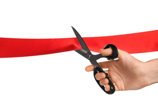 Man Cutting Red Ribbon White Background Closeup — Stock Photo, Image