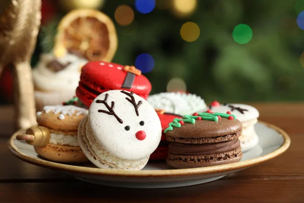 Beautifully Decorated Christmas Macarons Wooden Table Blurred Festive Lights Closeup — Stock Photo, Image