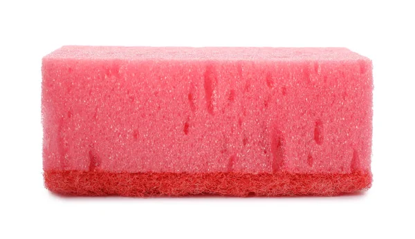 Esponja Limpeza Rosa Com Scourer Vermelho Abrasivo Isolado Branco — Fotografia de Stock