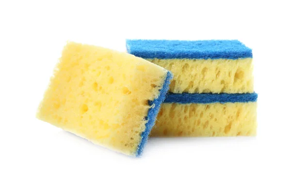 Esponjas Limpeza Amarelas Com Escovadores Azuis Claros Abrasivos Fundo Branco — Fotografia de Stock