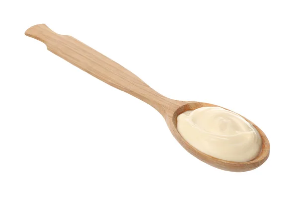 Wooden Spoon Tasty Mayonnaise Isolated White — Stock Photo, Image