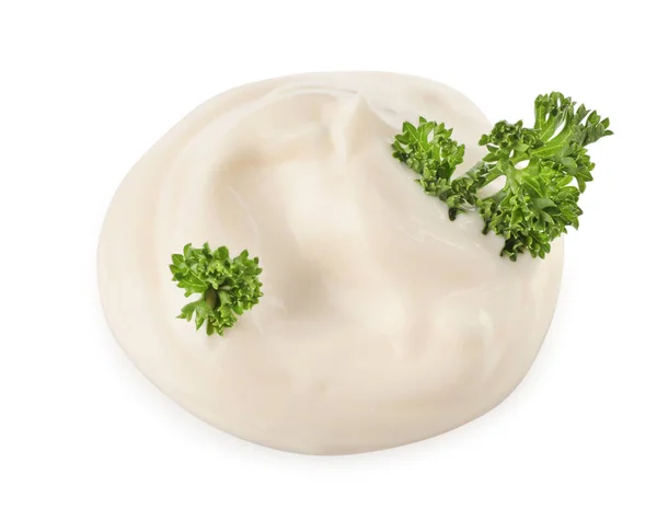 stock image Tasty mayonnaise with parsley isolated on white