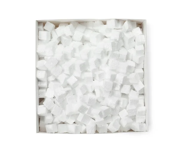 Картонна Коробка Кубиками Пінопласту Ізольовані Білому Вид Зверху — стокове фото