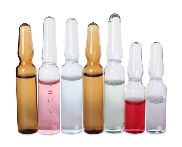 Glazen Ampullen Met Farmaceutische Producten Witte Achtergrond — Stockfoto