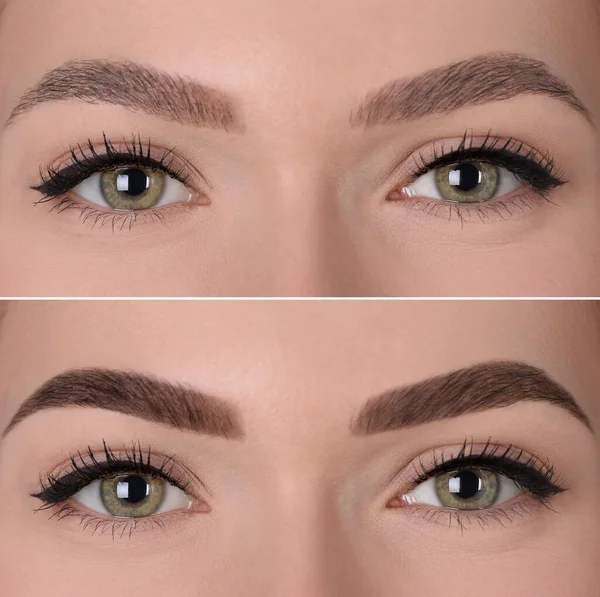 Collage Med Bilder Ung Kvinna Före Och Efter Permanent Makeup — Stockfoto