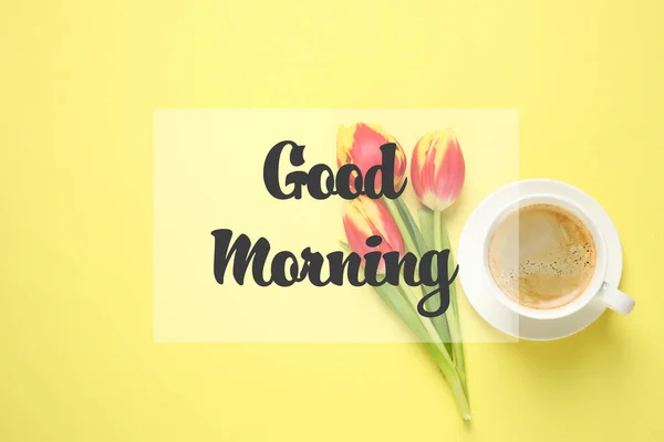 Goede Morgen Lente Tulpen Koffie Gele Achtergrond Plat Gelegd — Stockfoto