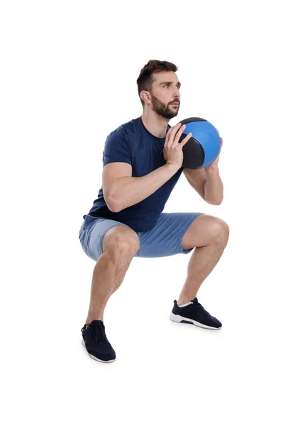 Athletic Man Doing Squats Medicine Ball Isolated White — Stock Photo, Image