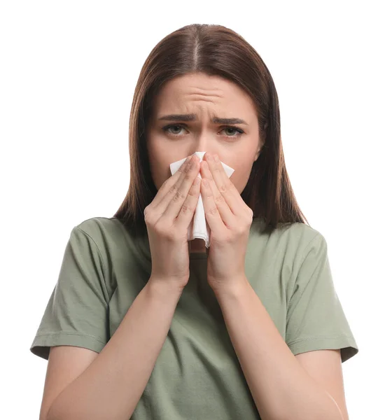 Woman Blowing Nose White Background Cold Symptoms — Stock Photo, Image