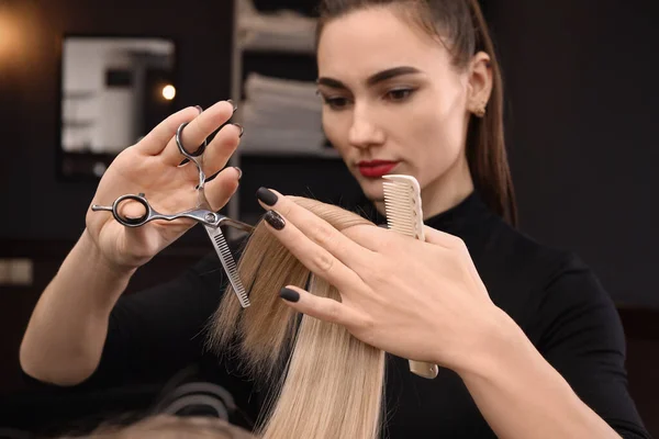 Coiffeur Professionnel Coupant Les Cheveux Femme Dans Salon Concentrer Sur — Photo